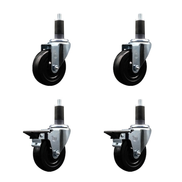 4'' Hard Rubber Wheel Swivel 1-1/4'' Expand Stem Caster Set 2 Brakes, 4PK